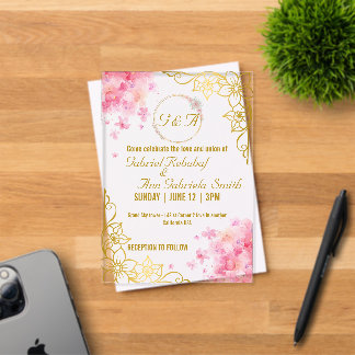 Elegante gouden en roze bloemige trouwuitnodiging acryl uitnodigingen