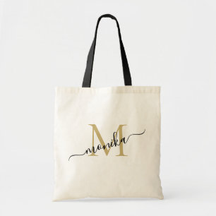 Elegante gouden en zwarte gepersonaliseerde monogr tote bag
