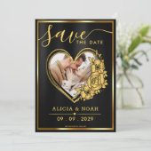 Elegante gouden en zwarte hartfoto Save the Date  (Staand voorkant)