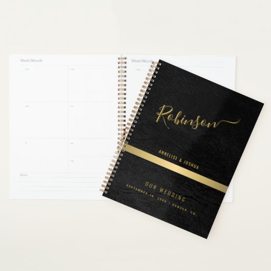 Elegante gouden en zwarte moderne script bruiloft planner (Display)