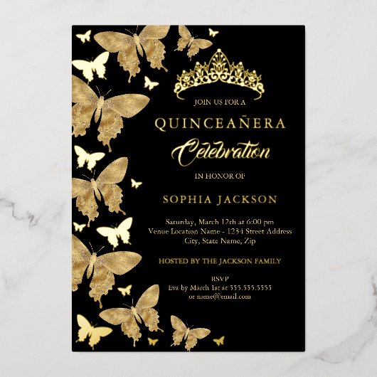 Elegante gouden en zwarte vlinder Quinceanera Folie Uitnodiging (Voorkant)