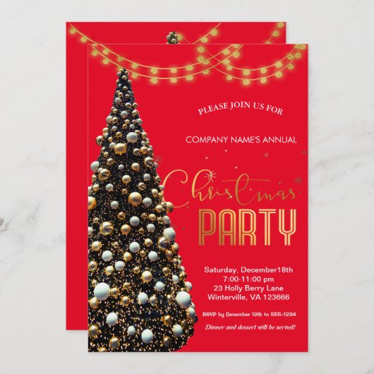 Elegante gouden feestelijke kerstboom, rood kaart (Voorkant / Achterkant)