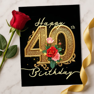 Elegante Gouden Filigraan Robijn Roos 40e Verjaard Briefkaart