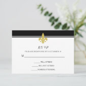 Elegante gouden Fleur de Lis zwart en wit RSVP (Staand voorkant)