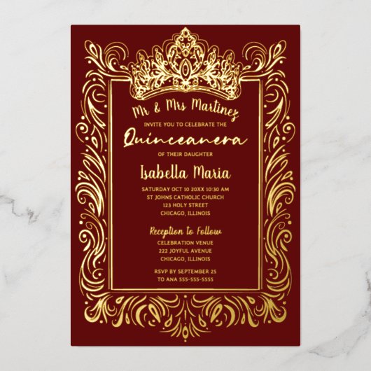 Elegante gouden folie Quinceañera uitnodiging kroo (Voorkant)