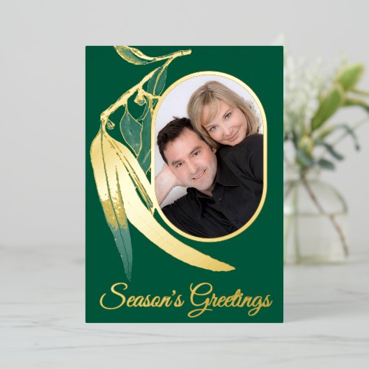 Elegante gouden foto Botanische Waterverf Kerst Folie Feestdagenkaart (Staand Voorkant)