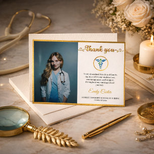 Elegante gouden foto voor afgestudeerden van medis bedankkaart