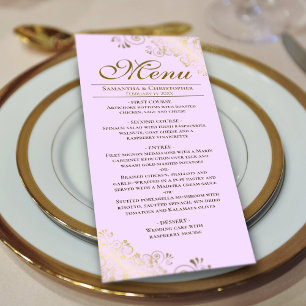 Elegante gouden franjes op Lila Paarse bruiloft Menu