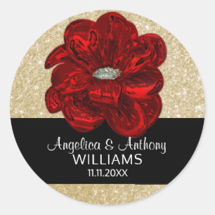 Elegante Gouden Gitter, Zwart, Rode Rose Bloem Bru Ronde Sticker
