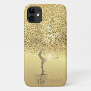 Elegante Gouden Glitter Bokeh Meisje Boom Silhouet iPhone 11 Hoesje