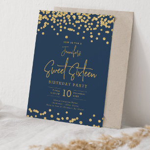 Elegante Gouden Glitter Confetti Sweet 16 Navy Blu Kaart