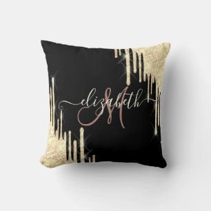 Elegante Gouden Glitter Druppels Zwarte Monogram Kussen