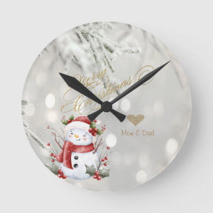 Elegante Gouden Glitter Hart Sneeuwman Ronde Klok