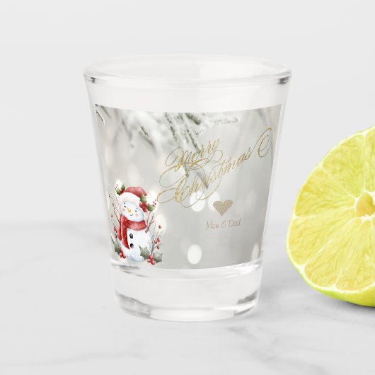 Elegante Gouden Glitter Hart Sneeuwman Shot Glas (Voorkant)
