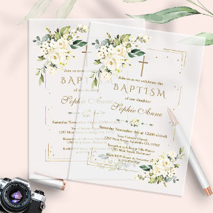 Elegante Gouden Glitter Kader Witte Bloem Doop Vellum Uitnodigingen