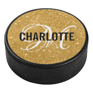 Elegante gouden glitter monogram naam hockey puck