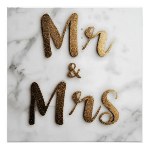 Elegante Gouden Glitter "Mr & Mrs." op een Marmere Perfect Poster