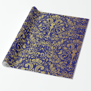 Elegante Gouden Glitter Royal Blue Damask Cadeaupapier