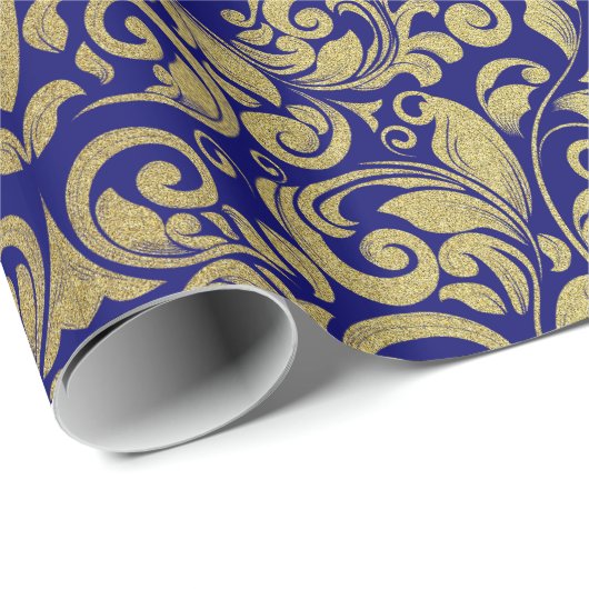 Elegante Gouden Glitter Royal Blue Damask Cadeaupapier (Rol Hoek)
