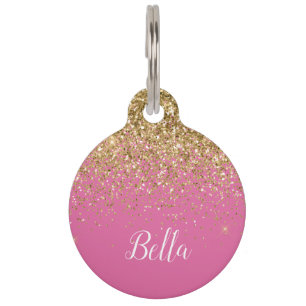 Elegante Gouden Glitter Roze Gepersonaliseerde Pet Huisdierpenning