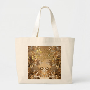 Elegante Gouden Glitter Sneeuwvlokken Vrolijk Kers Grote Tote Bag