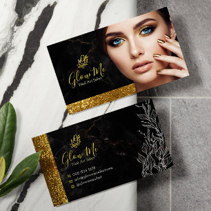 Elegante Gouden Glitter & Zwarte Marmeren Nagelkun Visitekaartje