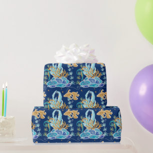 Elegante Gouden Glitterende Blauwe Onder de Zee Cadeaupapier