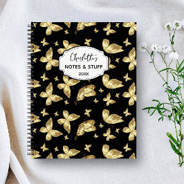 Elegante Gouden Goud Vlinder Script Naam Monogram Notitieboek