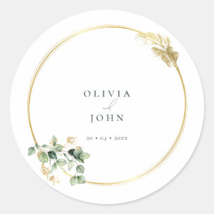 Elegante gouden groene Eucaliptus bruiloft Classic Ronde Sticker