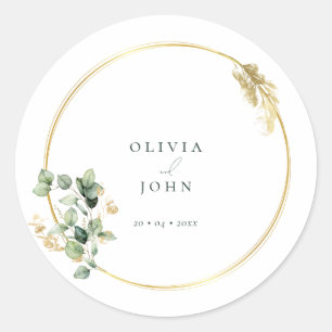 Elegante gouden groene Eucaliptus bruiloft Ronde Sticker