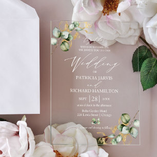 Elegante Gouden Groene Huwelijkdecoratie Acryl Uitnodigingen