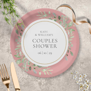 Elegante Gouden Groene Stof Roze Koppels Shower Papieren Bordje