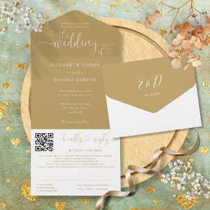 Elegante Gouden Hart Script QR Code Trouwdag All In One Uitnodiging