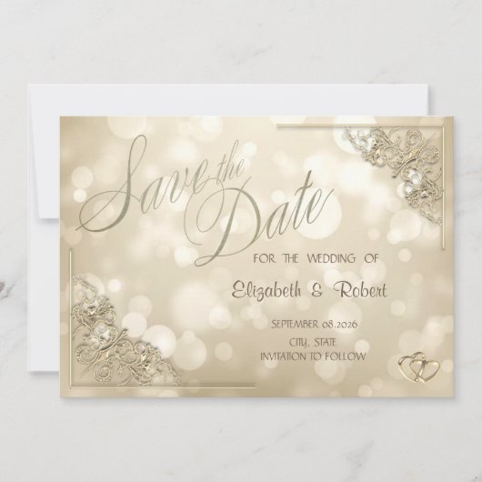 Elegante Gouden Hartjes Frame Bokeh Bewaar de Datu Save The Date (Voorkant)