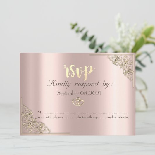 Elegante Gouden Hartjes Roze Goud RSVP Kaart (Staand voorkant)