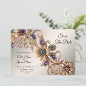 Elegante gouden juweelbloemen redden de datum save the date (Staand voorkant)
