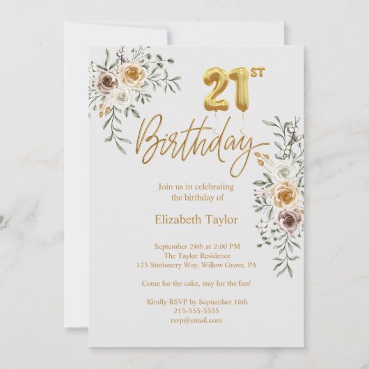 Elegante gouden kalligrafie & bloemen 21e verjaard kaart (Voorkant)