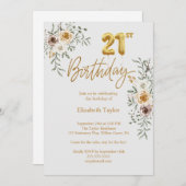 Elegante gouden kalligrafie & bloemen 21e verjaard kaart (Voorkant / Achterkant)