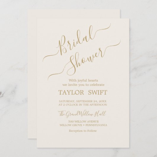 Elegante gouden kalligrafie bruids douche uitnodig kaart (Voorkant / Achterkant)
