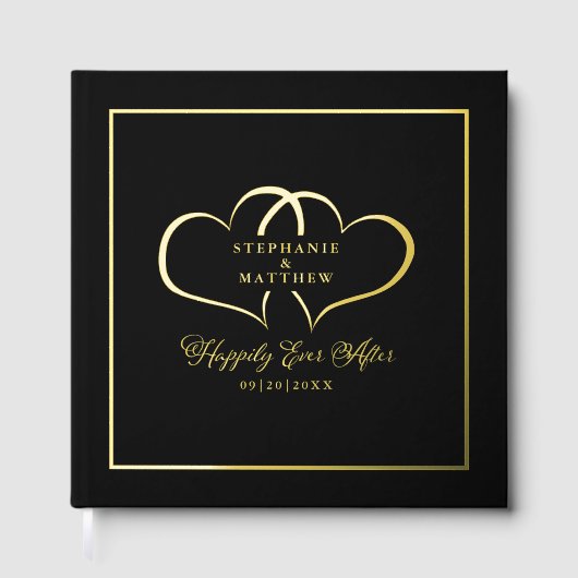 Elegante Gouden Kalligrafie Foto Chic Hearts Zwart Gastenboek (Voorkant)