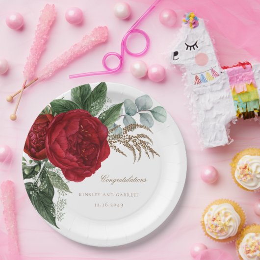 Elegante gouden kalligrafie rode bloemenbruiloft papieren bordje (Feest)