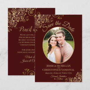 Elegante gouden kant en foto bruine bruiloft Aubur Save The Date