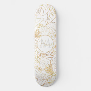 Elegante gouden kersenbloesem bloemen wit ontwerp skateboard