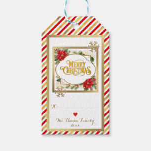 Elegante Gouden Kerst Poinsettia Bloem Cadeaulabel