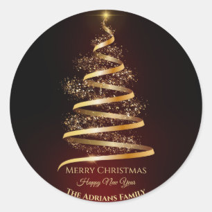 Elegante gouden kerstboom met sprankelend licht ronde sticker