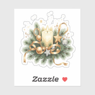 Elegante Gouden Kerstkaars & Dennenboom Kerstfeest Sticker