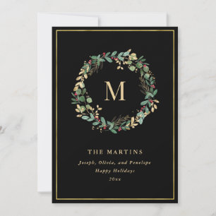 Elegante gouden kerstkrans met monogram feestdagenkaart