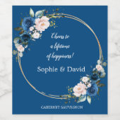 Elegante gouden klasse blauwe roze bloemen bloeien wijn etiket (Enkel label)