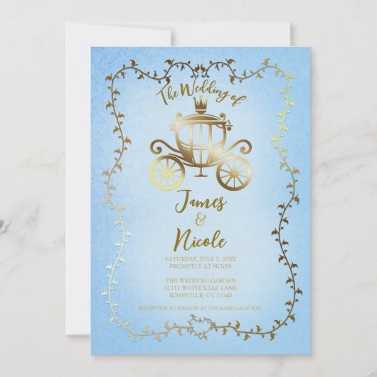 Elegante Gouden Koets Blauwe Verhalenboek Huwelijk Kaart (Voorkant)
