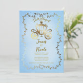 Elegante Gouden Koets Blauwe Verhalenboek Huwelijk Kaart (Staand voorkant)